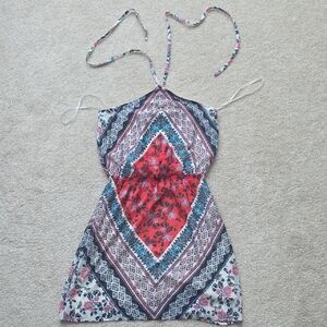 Express Floral Halter Dress with Red and Blue Accents